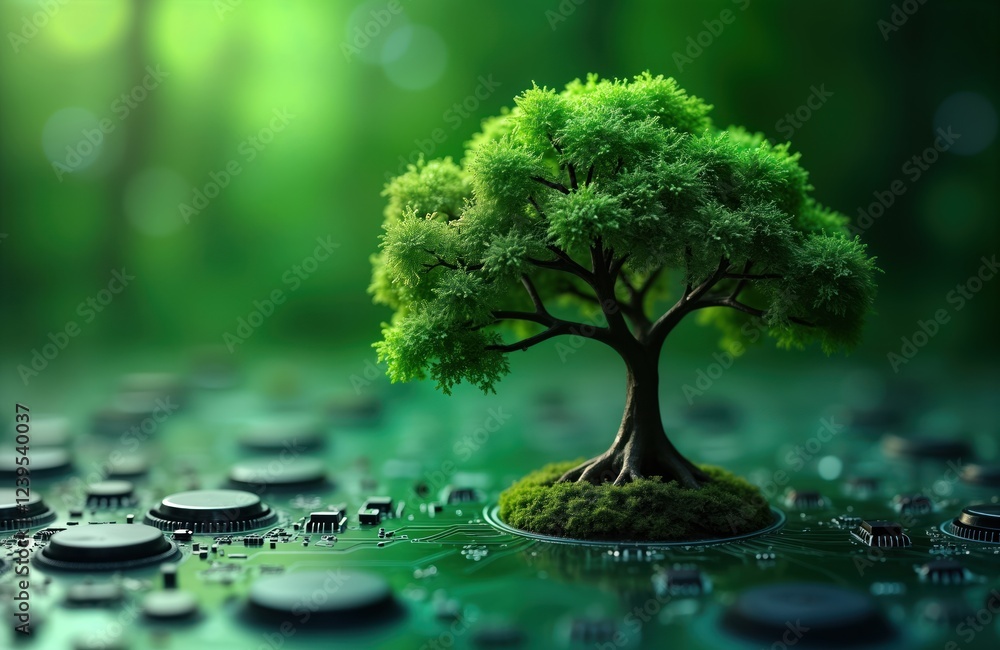 Aufkleber Green tree growing on circuit board. Eco-friendly tech concept. Sustainability, innovation in tech sector. Future of green computing. Modern technology with eco approach. Digital innovation, nature