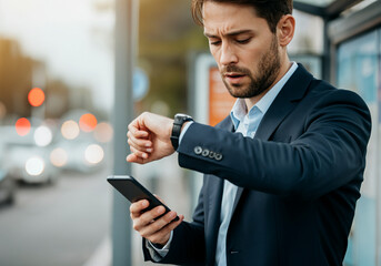 Worried businessman looking at wristwatch and holding smartphone while waiting for bus at bus stop
