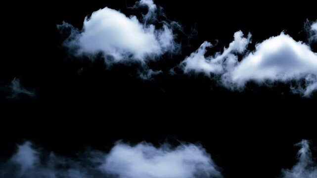 Wispy white clouds drifting slowly across pitch black darkness, revealing mysterious atmospheric patterns with soft, flowing movement against deep nocturnal backdrop