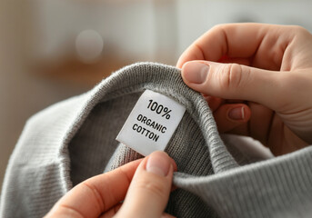 Hands holding a soft grey garment featuring a visible label declaring 100 percent organic cotton, emphasizing sustainable and eco friendly fashion choices