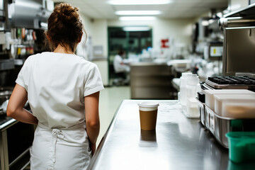 Obraz premium An exhausted nurse sitting in a hospital break room, coughing into her elbow, with a cup of coffee on the table, surrounded by medical equipment 