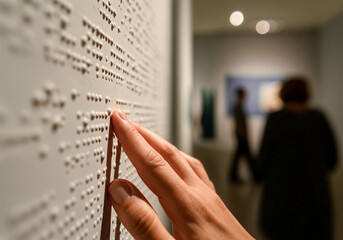 Close up of a hand reading braille in an art gallery, promoting accessibility and inclusivity in the arts