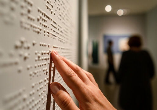 Close up of a hand reading braille in an art gallery, promoting accessibility and inclusivity in the arts - Powered by Adobe
