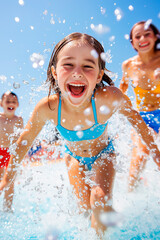 Children enjoy a fun-filled day at the pool under a clear blue sky