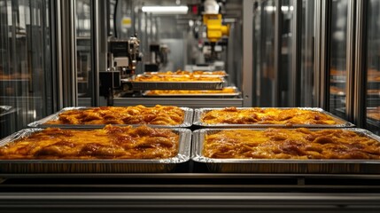 Industrial machines packaging frozen meals in a high-tech food plant.