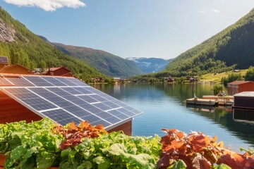 Drone captures houseboat with solar panels on serene lake in a sustainable living setting
