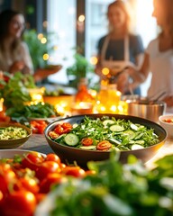 Naklejka premium A Diverse Group of Friends Preparing Healthy Salad Together in a Warm Kitchen