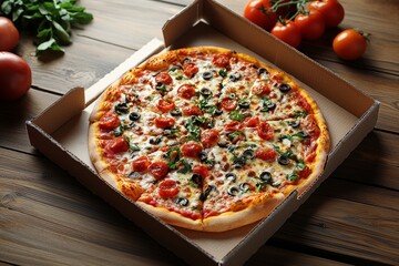 mockup presents customizable pizza box open revealing deliciously topped pizza fresh ingredients. It is placed on rustic wooden countertop tomatoes beside it.