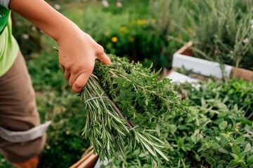 Harvesting fresh herbs in a vibrant garden during the summer season