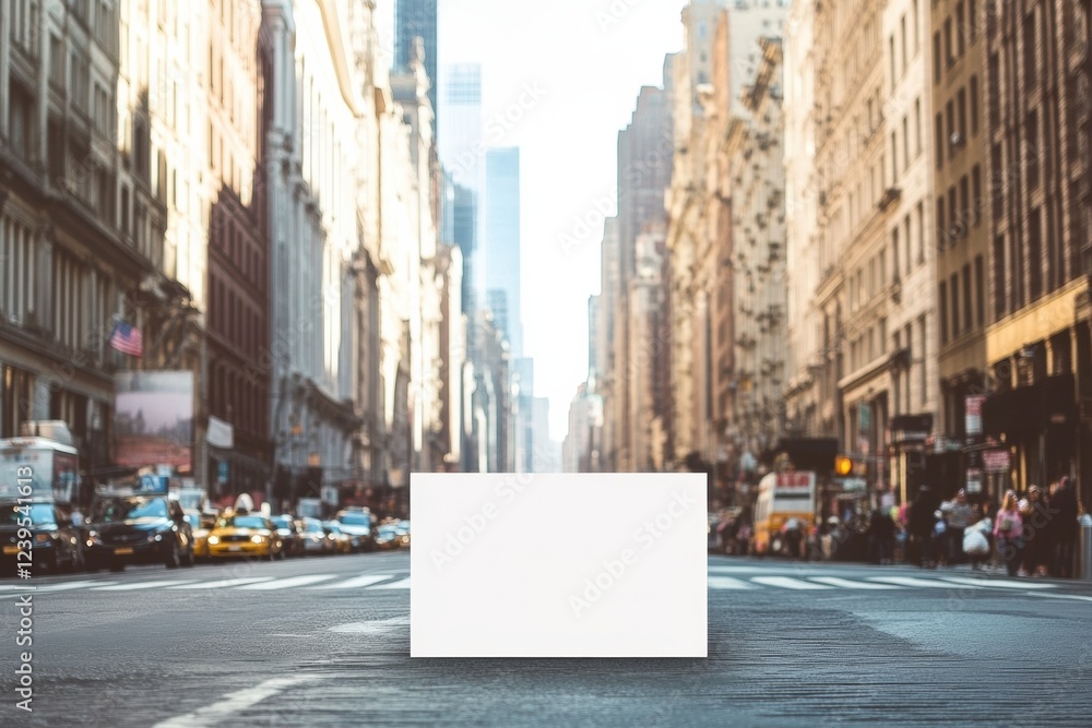 Poster blank canvas on busy new york city street with skyscrapers in the background during daytime. generat