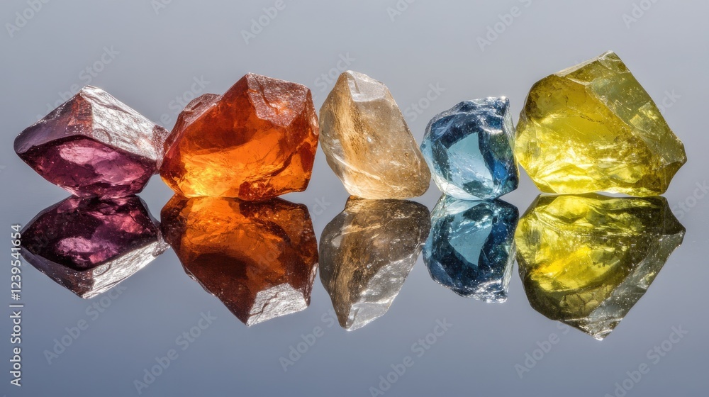 Poster loose gemstones arranged in an artistic pattern on a reflective surface.