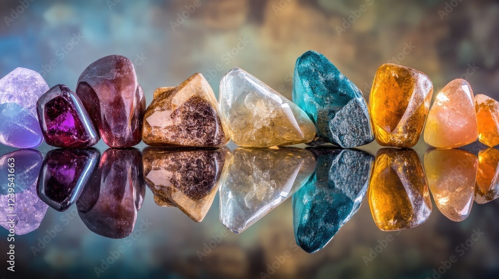 Poster loose gemstones arranged in an artistic pattern on a reflective surface.