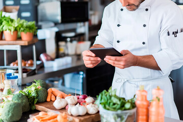 Chef prepares ingredients while using a tablet in a modern kitchen environment