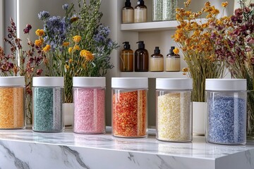 flat design arrangement features various bath products stored in glass jars set against marble surface. Dried flowers complement sophisticated display enhancing its aesthetic.