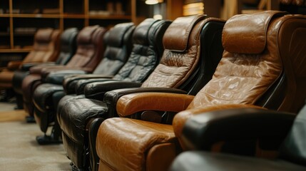Obraz premium Luxury leather recliners lined up in a high-end furniture showroom.