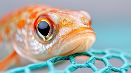 Close-up of a small fish caught in a net, blurred background