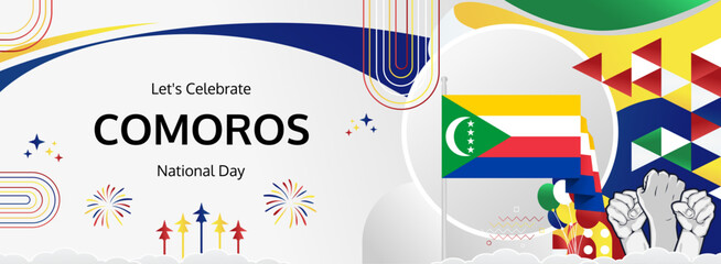 Happy independence day Comoros. Horizontal poster of Comoros national day with flag. July 6. Festive design concept for holiday celebration banner, greeting card, feast and congratulations