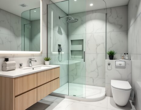 Modern minimalist bathroom with elegant frameless glass shower enclosure. White marble tiles create clean serene atmosphere. Chrome fixtures add touch of contemporary style. Small plant provides - Powered by Adobe