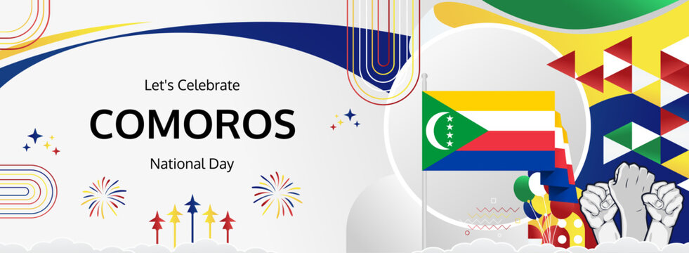 Happy independence day Comoros. Horizontal poster of Comoros national day with flag. July 6. Festive design concept for holiday celebration banner, greeting card, feast and congratulations