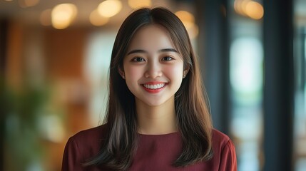 Obraz premium close up young Asian woman with gentle smile with bokeh light, relaxe and optimisitc atmosphere at modern office 
