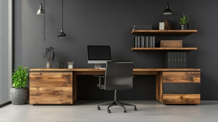 Modern home office furniture set up with a sleek wooden desk and chair.