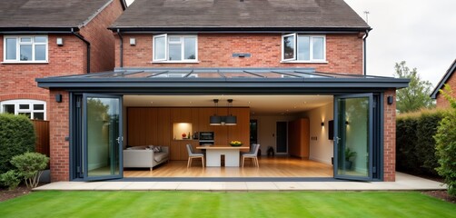 Modern house extension with large glass folding doors opens to bright, airy living space. Contemporary interior design features wooden cabinets, light wooden floor. Home improvement design blends