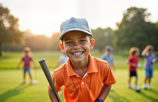 Happy boy smiles at camera during golf training lesson on sunny golf course. Group of children enjoy outdoor activity. Young golfer holds golf club, looks happy. Good weather. Sports training. Kid