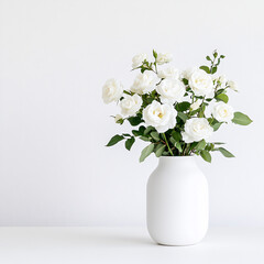 Fototapeta premium White ceramic vase with fresh white roses in a minimalist floral arrangement on a white background