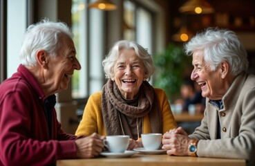 Elderly friends laugh, chat over coffee at cafe. Enjoy moment of joy, connection in comfortable setting. Friendship, social interactions important aspects of retirement. Heartwarming indoor scene.