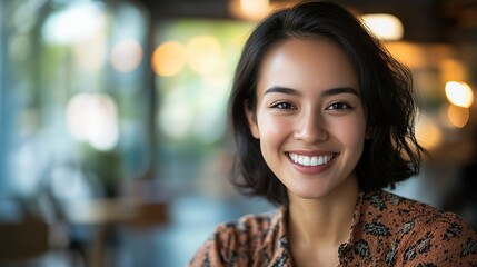 close up young Asian woman with gentle smile with bokeh light, relaxe and optimisitc atmosphere at modern office 