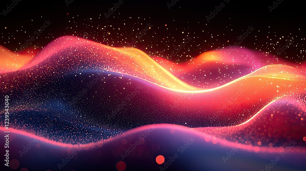Poster abstract glowing waves with sparkling particles