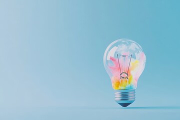 Colorful lightbulb against blue background with artistic clouds and vibrant hues
