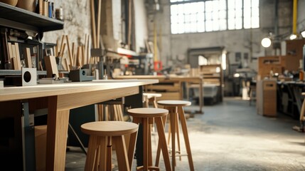 Naklejka premium Quality control station in a furniture factory with multiple furniture pieces under inspection.