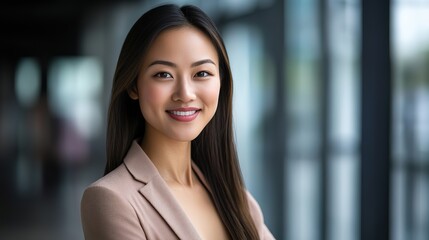smiling young Asian woman wearing business attire smiling at modern office 