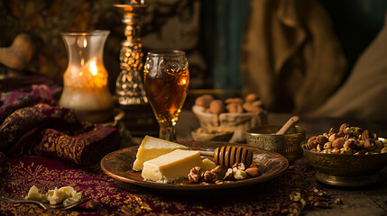 Fototapeta premium A rustic still life featuring a wedge of cheese, honey, walnuts, and a glass of amber wine. Candles and rich fabrics enhance the warm, inviting mood.