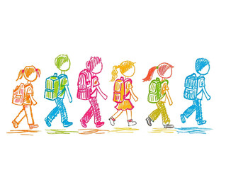 Hand drawn kids going to school, stick figure illustration isolated on a white background