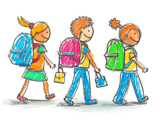 Hand drawn kids going to school, stick figure illustration isolated on a white background
