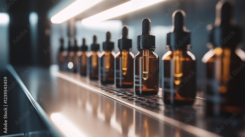 Poster clear dropper bottles arranged neatly on a stylish shelf, reflecting soft light that enhances their 