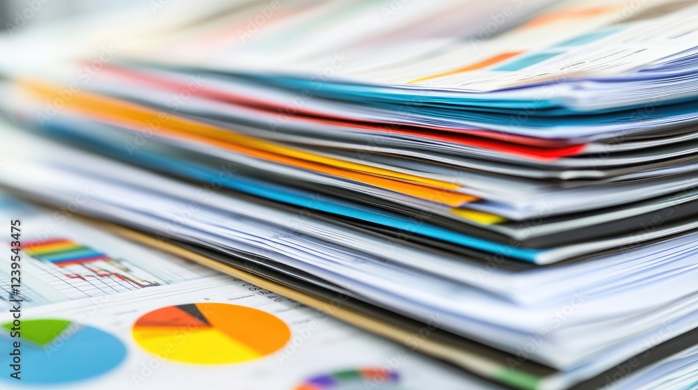 Poster stacks of investment portfolio reports with colorful graphs and pie charts.
