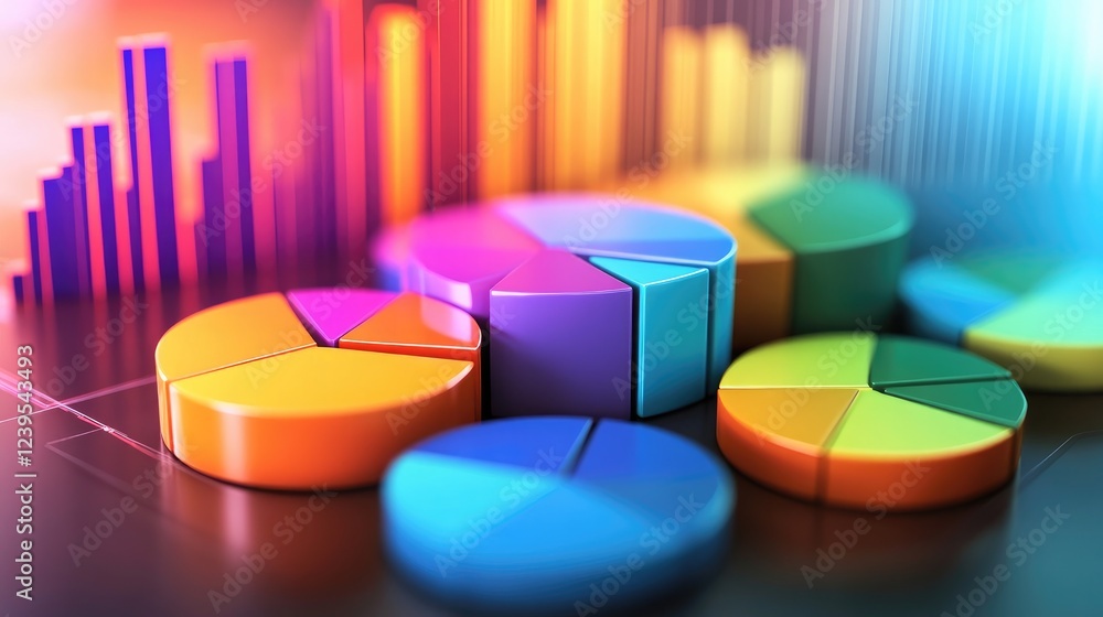 Poster stacks of investment portfolio reports with colorful graphs and pie charts.