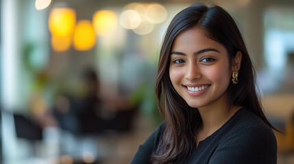 Obraz premium smiling young Indian woman wearing business attire at modern office 