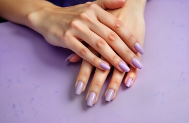 Fototapeta premium Closeup of woman hands with stylish violet manicure. Nails painted with trendy purple nail polish, elegant design. Spring summer fashion trend showcased. High quality photo perfect for beauty parlour