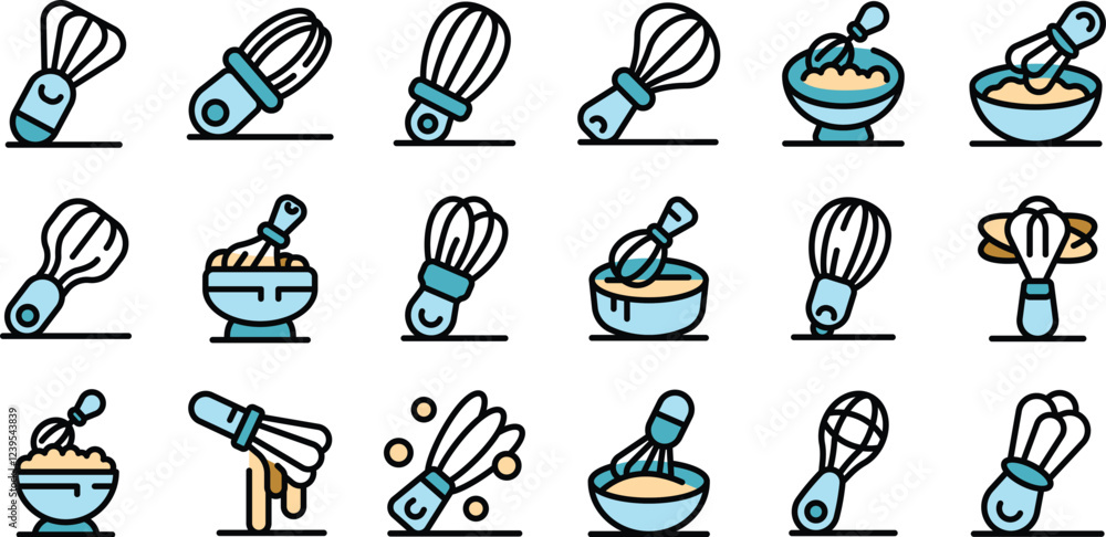 Poster whisk mixing dough in bowl icons set. outline set of whisk mixing dough in bowl vector icons for web