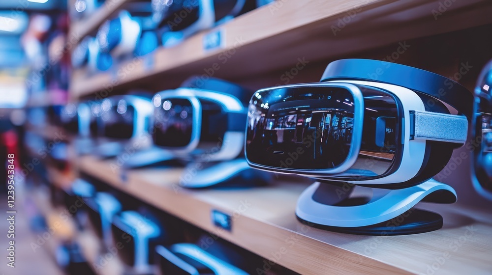 Aufkleber virtual reality headsets stacked on a display shelf in a store.