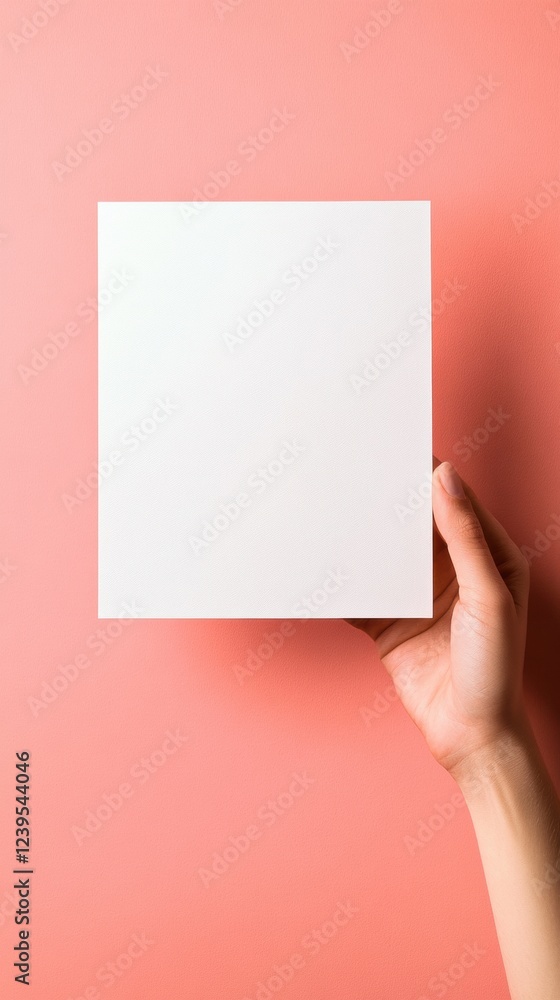 Poster Hand holding a blank square paper on a pink background in a creative workspace setting. Generative AI