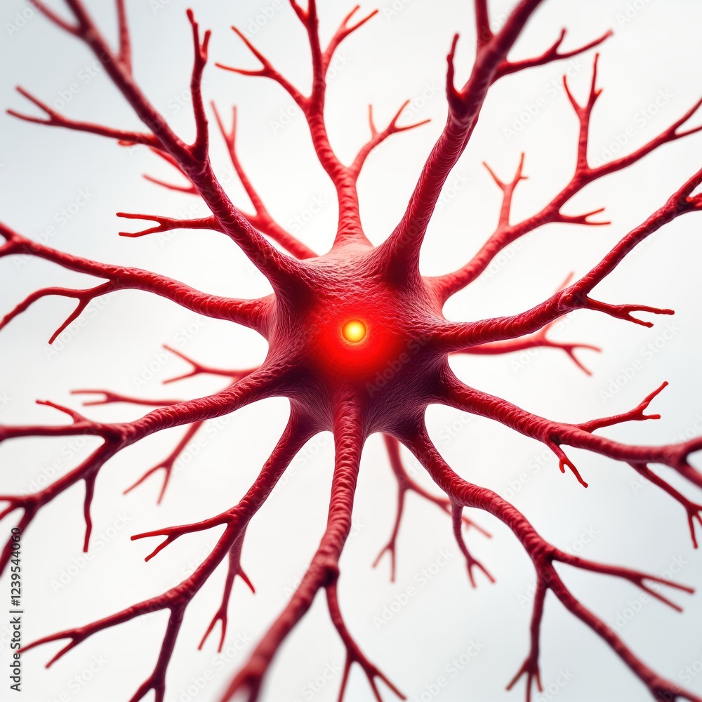 Poster Detailed illustration of glowing red neuron. Vibrant network neural connections branching dendrites. Neuron structure model. Red nerve cell showing activity. Cellular structure system showcased.