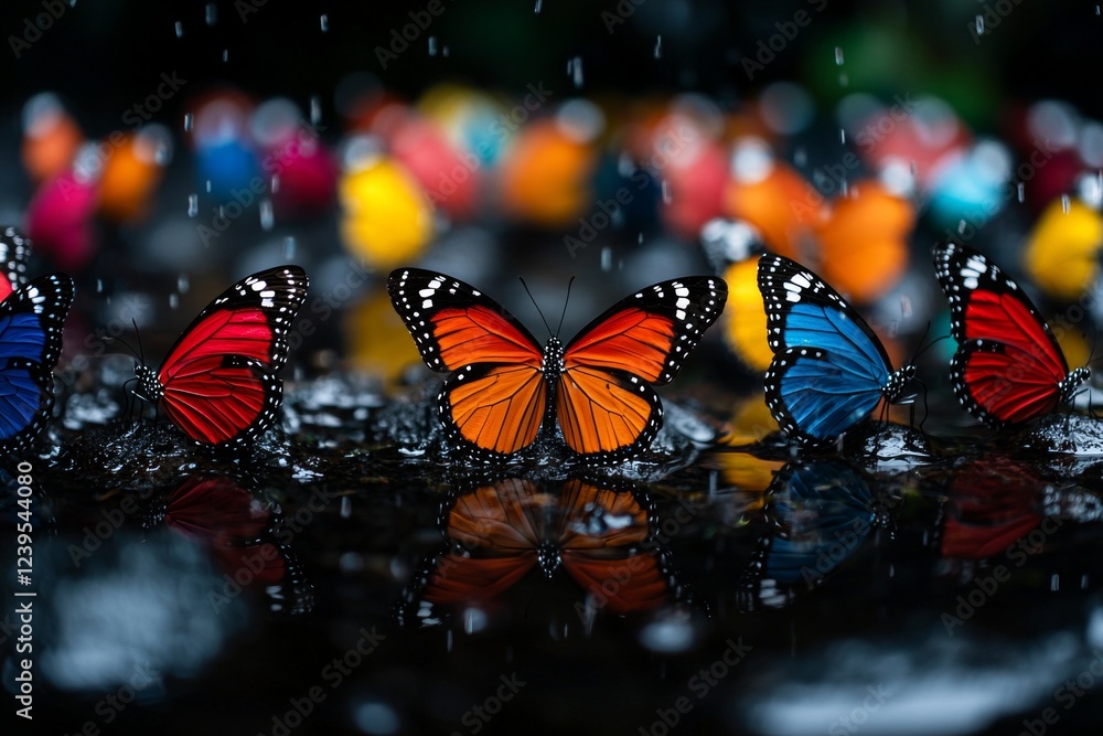 Poster brightly colored butterflies flock around shallow puddle in vibrant garden. their striking patterns 