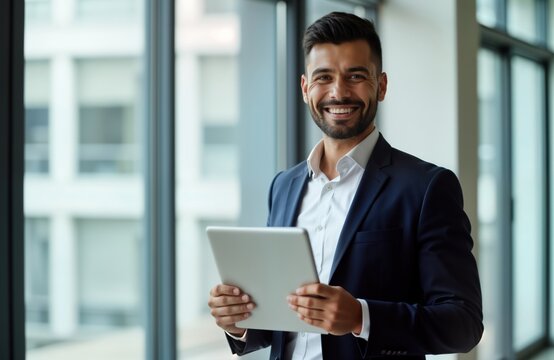 Happy young Latin businessman uses digital tablet in office. Pro man looks at camera confidently. Modern employee stands by window. Modern office space. Tech-savvy entrepreneur works inside.