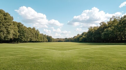 Fototapeta premium Sunny park meadow, trees, blue sky, clouds, tranquil scene, nature background