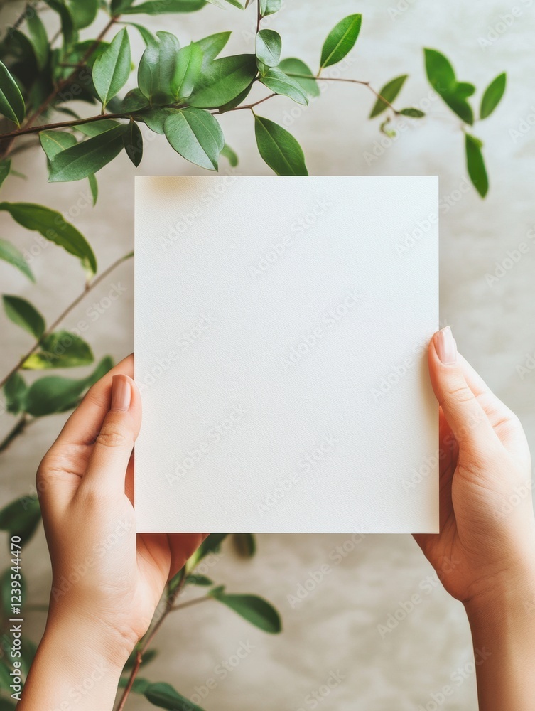 Poster holding a blank sheet of paper surrounded by greenery and natural light in a cozy indoor setting. ge